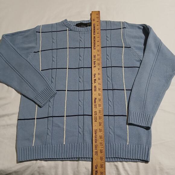VTG Bill Blass Men's L 100% Cotton Lt Blue Cable-Knit Windowpane Plaid Sweater - Picture 9 of 10